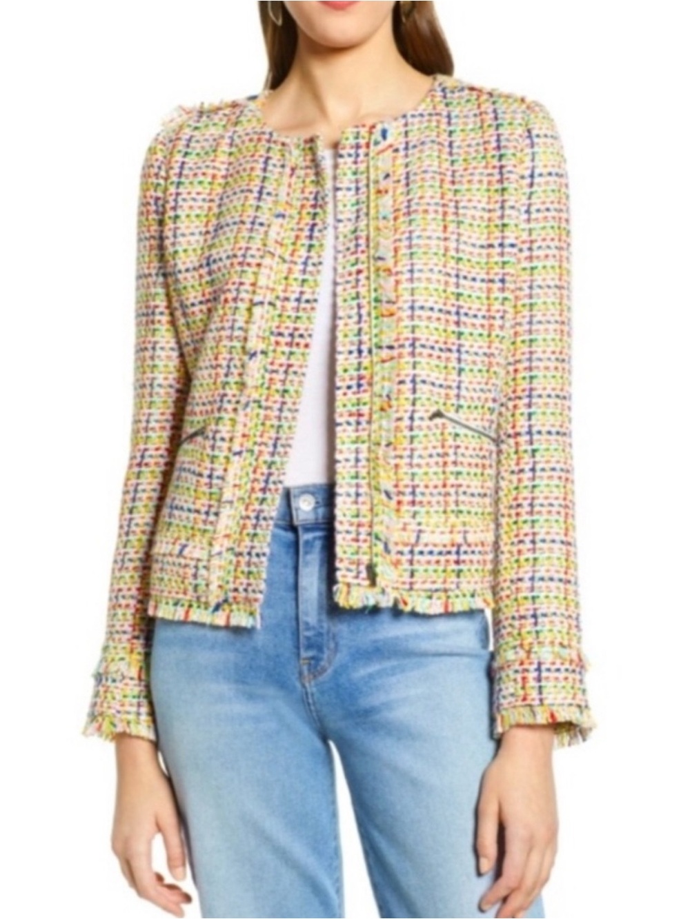 HALOGEN Rainbow Multi-Color Fringe Tweed Blazer
Size medium